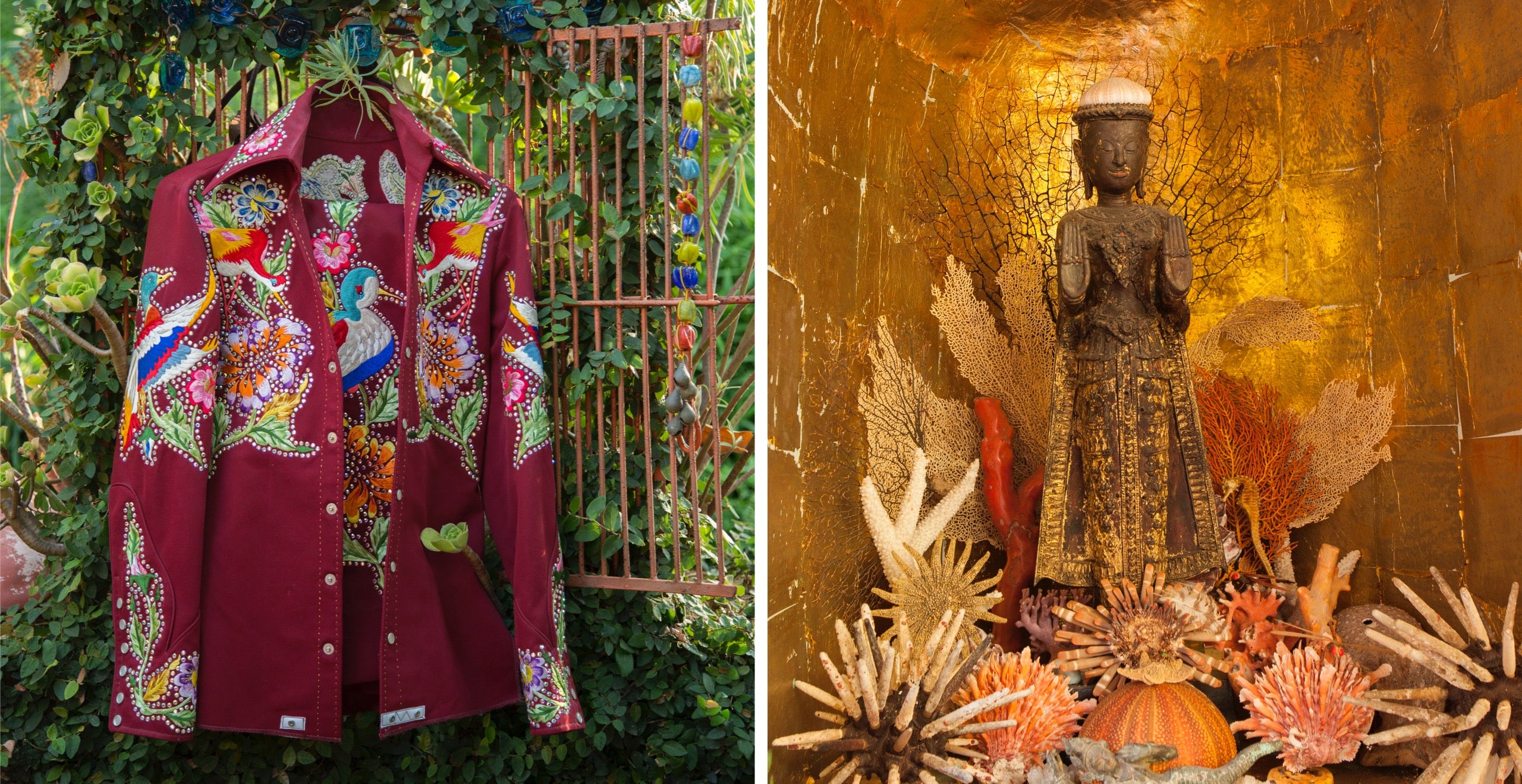 Left to right: Inspired by her Wyoming roots, one of Lisa Eisner’s rodeo shirts designed by the legendary Nudie of Nudie’s Rodeo Tailors of Hollywood; Floating in a gold leaf niche, Lisa’s delicate antique Buddha, offering the gesture of peace and protection, appears to live beneath the sea surrounded by lacy seaweed, corals, and exotic shells