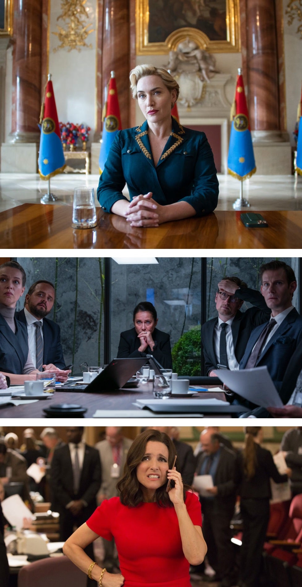 Three different styles of female leadership: (from top) <em>The Regime</em>, <em>Borgen</em>, <em>Veep</em><br/><span class="caption-sub">From top, photographs courtesy of HBO, DR1, and HBO</span>