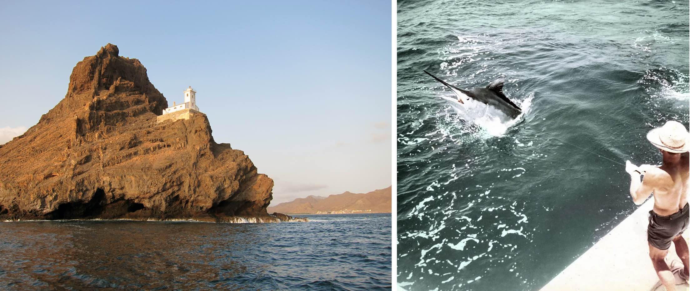       <strong>MARLIN WHISPERING</strong><br />      <span        >A shot of the Cape Verde Islands, which are located off the coast of        Senegal; Prosek’s marlin guide, Peter B. Wright, hooking a fish in his        younger days.</span      >    