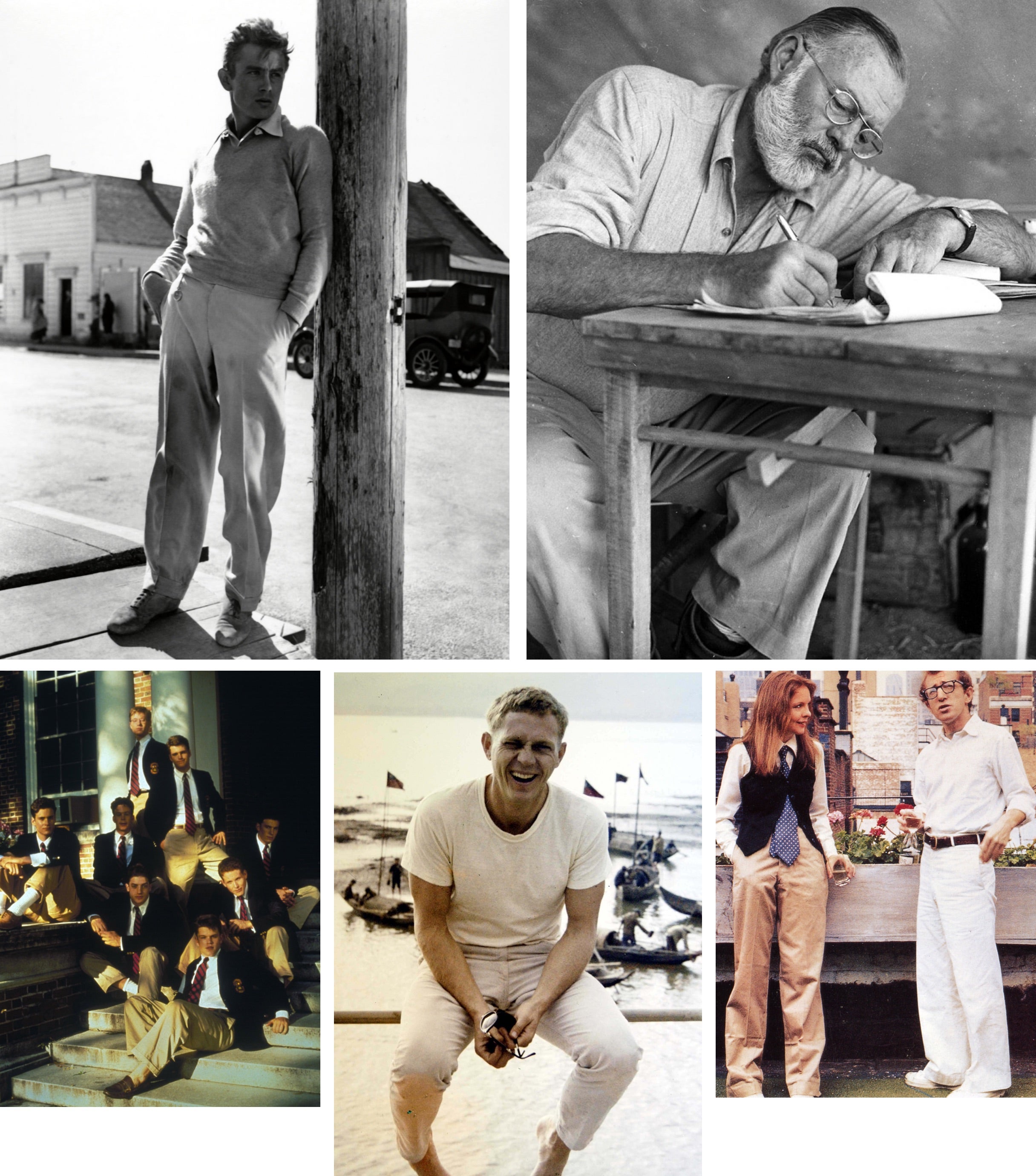       <strong>Men of the Cloth</strong><br />      <span        >From top left: James Dean on the set of <em>East of Eden</em>;        Hemingway at work while on safari in Kenya, 1953; Woody Allen in        <em>Annie Hall</em>; Steve McQueen; a scene from the movie        <em>School Ties</em>.</span      >    