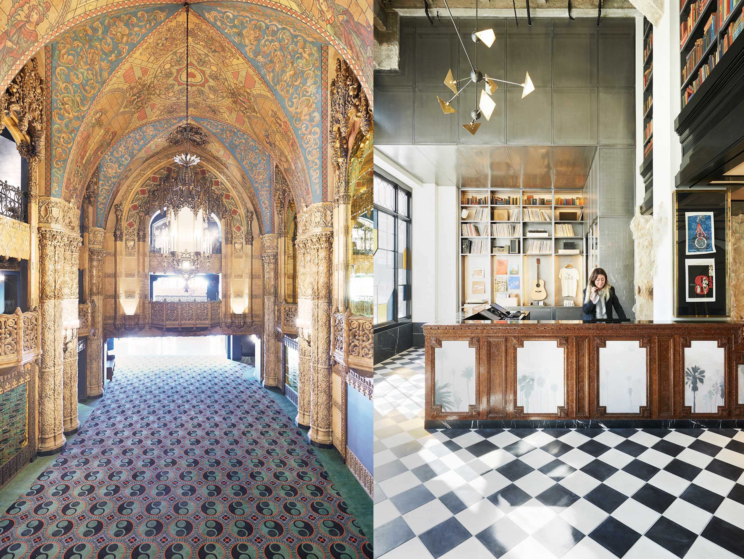 Both the interior and exterior spaces of the Ace Hotel in downtown Los Angeles preserve the timeworn look of the United Artists building, originally opened in 1927