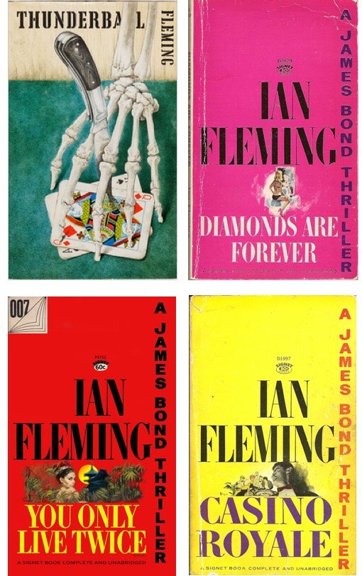 <strong>HIDDEN LIFE </strong><br/><span>From top: Fleming, in 1964, on the beach of his beloved Jamaica, where he spent much of his time; on a walk in London with his wife, Ann, who was “casually brutal to Fleming after taking him as her third husband"; a rare first edition of “Thunderball,” the ninth book in the Bond series, which was published by Jonathan Cape in 1961, and the colorful Signet paperback editions, which began to appear around the same time</span>