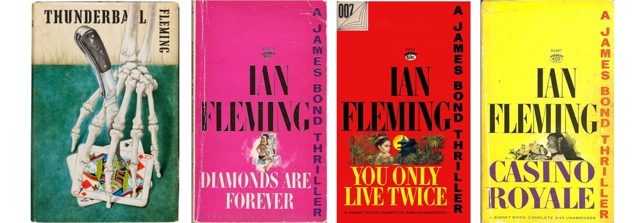 <strong>HIDDEN LIFE </strong><br/><span>From top: Fleming, in 1964, on the beach of his beloved Jamaica, where he spent much of his time; on a walk in London with his wife, Ann, who was “casually brutal to Fleming after taking him as her third husband”; a rare first edition of <em>Thunderball</em>, the ninth book in the Bond series, which was published by Jonathan Cape in 1961, and the colorful Signet paperback editions, which began to appear around the same time</span>