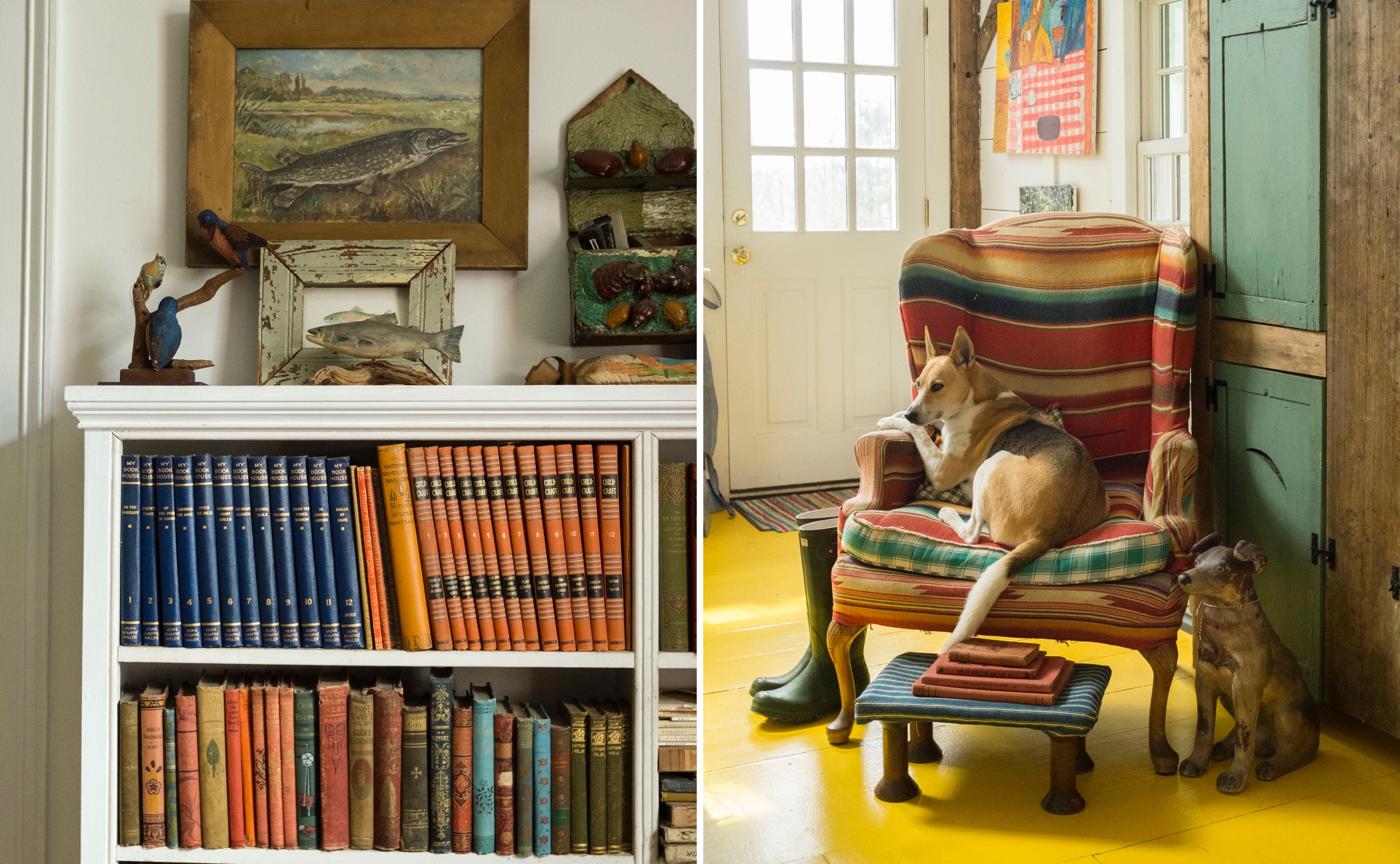 Left: Books add instant warmth to a home, whether organized in shelves or spread around the house in little stacks. Right: A flea market chair upholstered in Ralph Lauren serape fabric and sunny, school-bus yellow paint on the floor