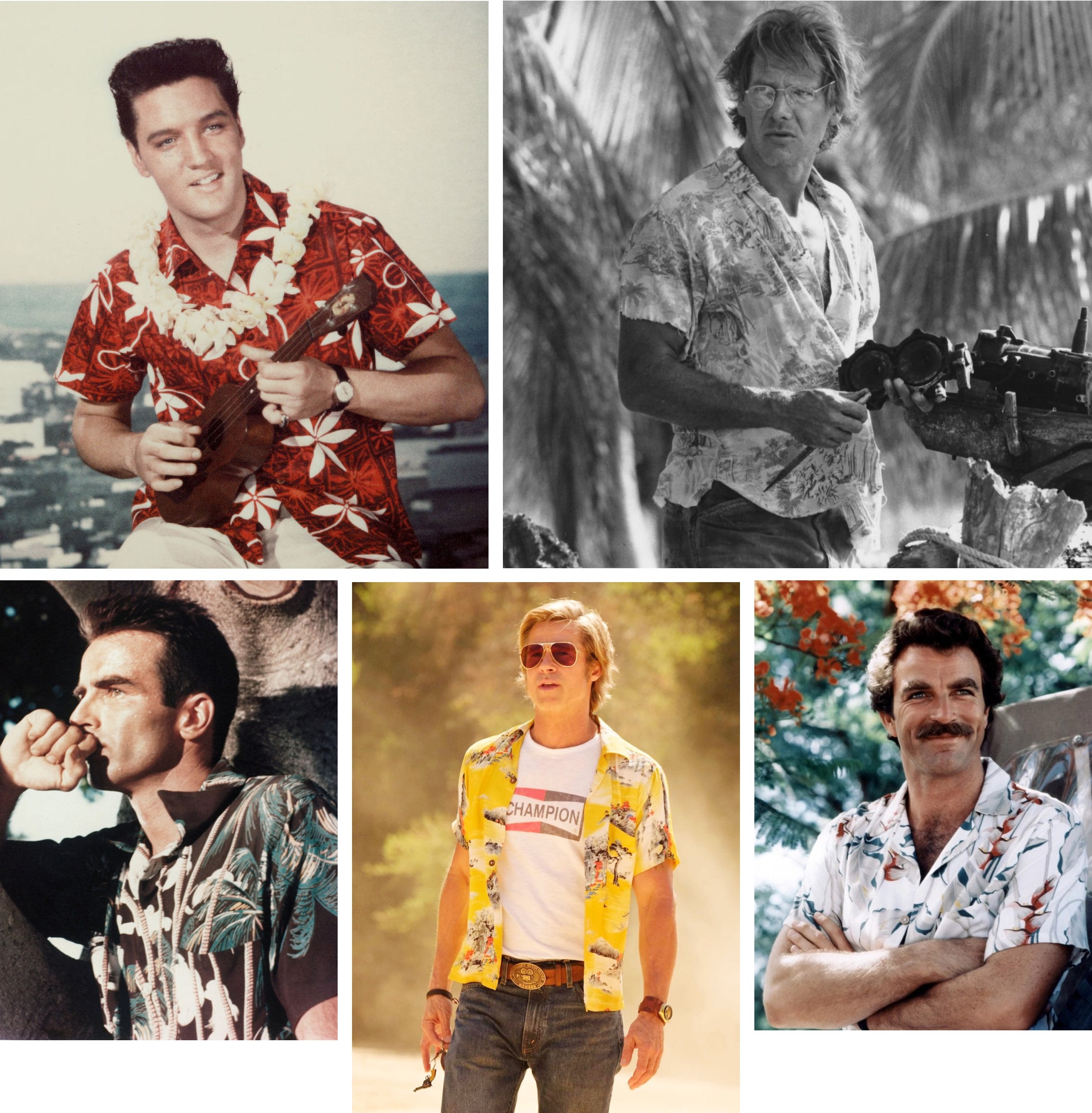       <strong>DRUCKREIF</strong><br />      <span        >Von oben links: Elvis greift zur Ukulele; Harrison Ford in        <em>Mosquito Coast</em>; Tom Selleck als Magnum; Brad Pitt in        <em>Once Upon a Time in Hollywood</em>; und Montgomery Clift in        <em>Verdammt in alle Ewigkeit</em>.      </span>    