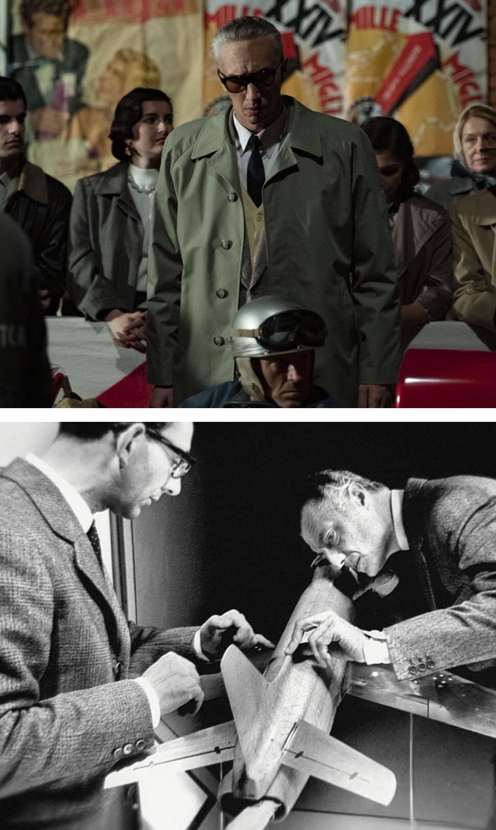 (From top) Adam Driver as Enzo Ferrari and Gianni Agnelli as himself<br/><span class="caption-sub">From top, photographs courtesy of Neon and Max</span>