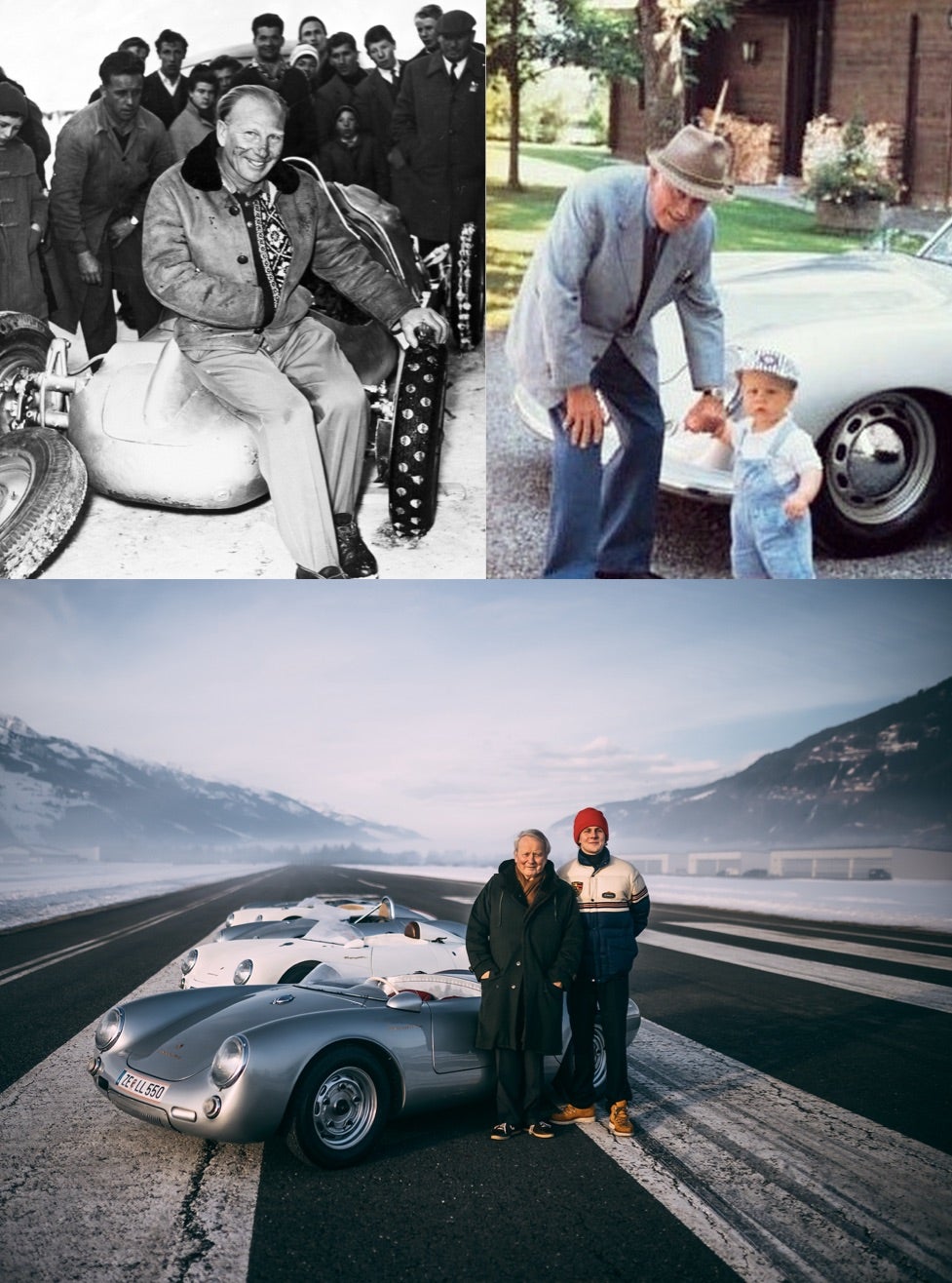 <span>(Top Left) The original Ice Races were held in Zell am See in honor of Ferdi’s great-grandfather, Professor Ferdinand Porsche. Here, Porsche race car driver Otto Mathé, who won the Ice Race five times, is pictured with his self-constructed car, the Fetzenflieger, or “Tatter Flinger,” named for the trail of flaming tatters it would leave in its wake </span><br/><br/><span>(Top Right) Three-year-old Ferdi and his grandfather, Ferry Porsche, stand in front of the first car his grandfather ever produced under his own name </span><br/><span class="caption-sub"><em>Photo credit: Susanne Porsche</em></span><br/><br/> <span>(Bottom) Ferdi (right) with his father, Dr. Wolfgang Porsche (left), at the 2021 Ice Race, a row of the classic Porsche 550 Spyders behind them </span><br/><span class="caption-sub"><em>Photo credit: Stephan Bauer </em> </span><br/>