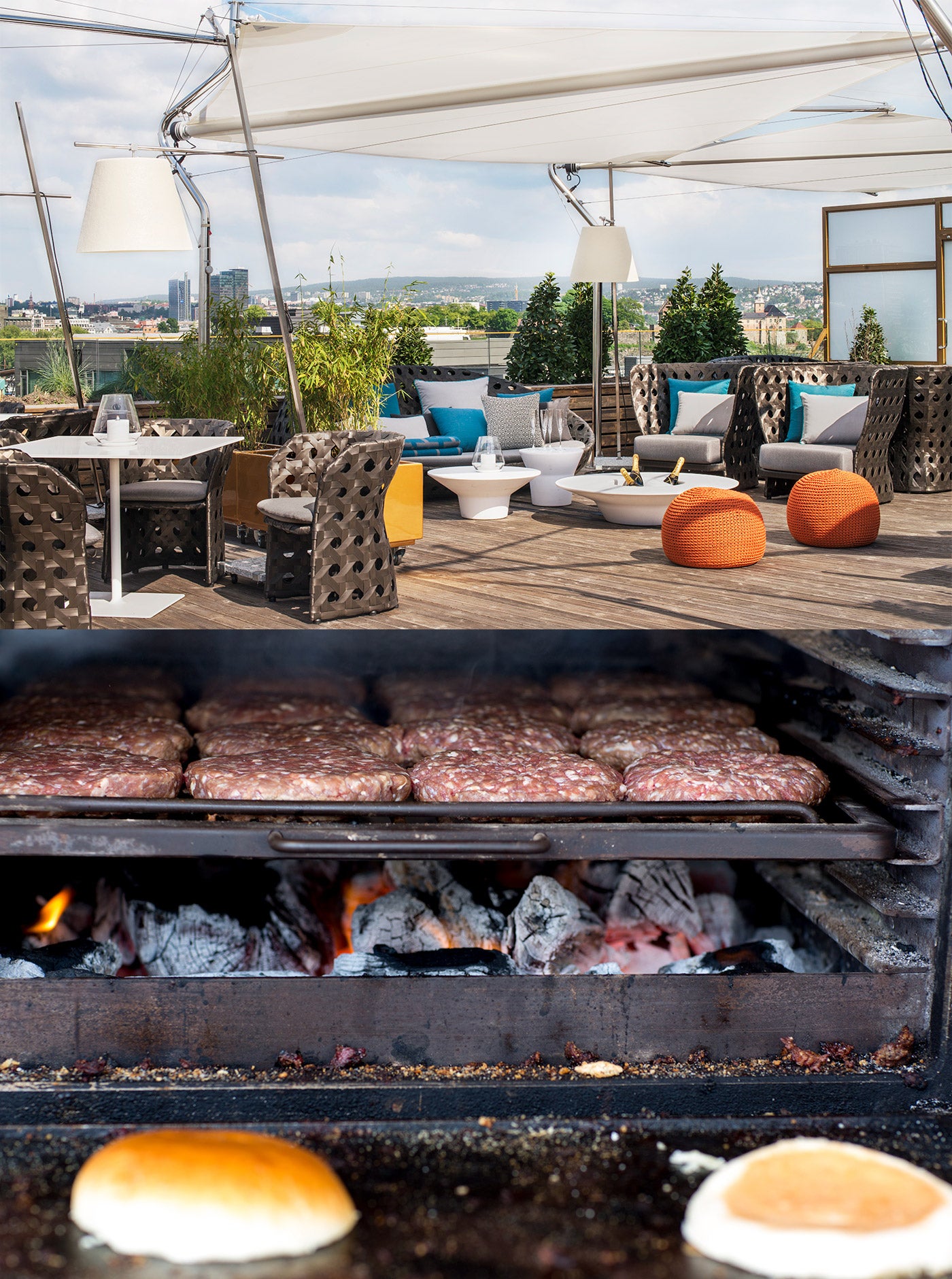                             Schattige Tische und Grillspeisen vermitteln das Feeling eines Barbecues in lichter H&#xF6;he