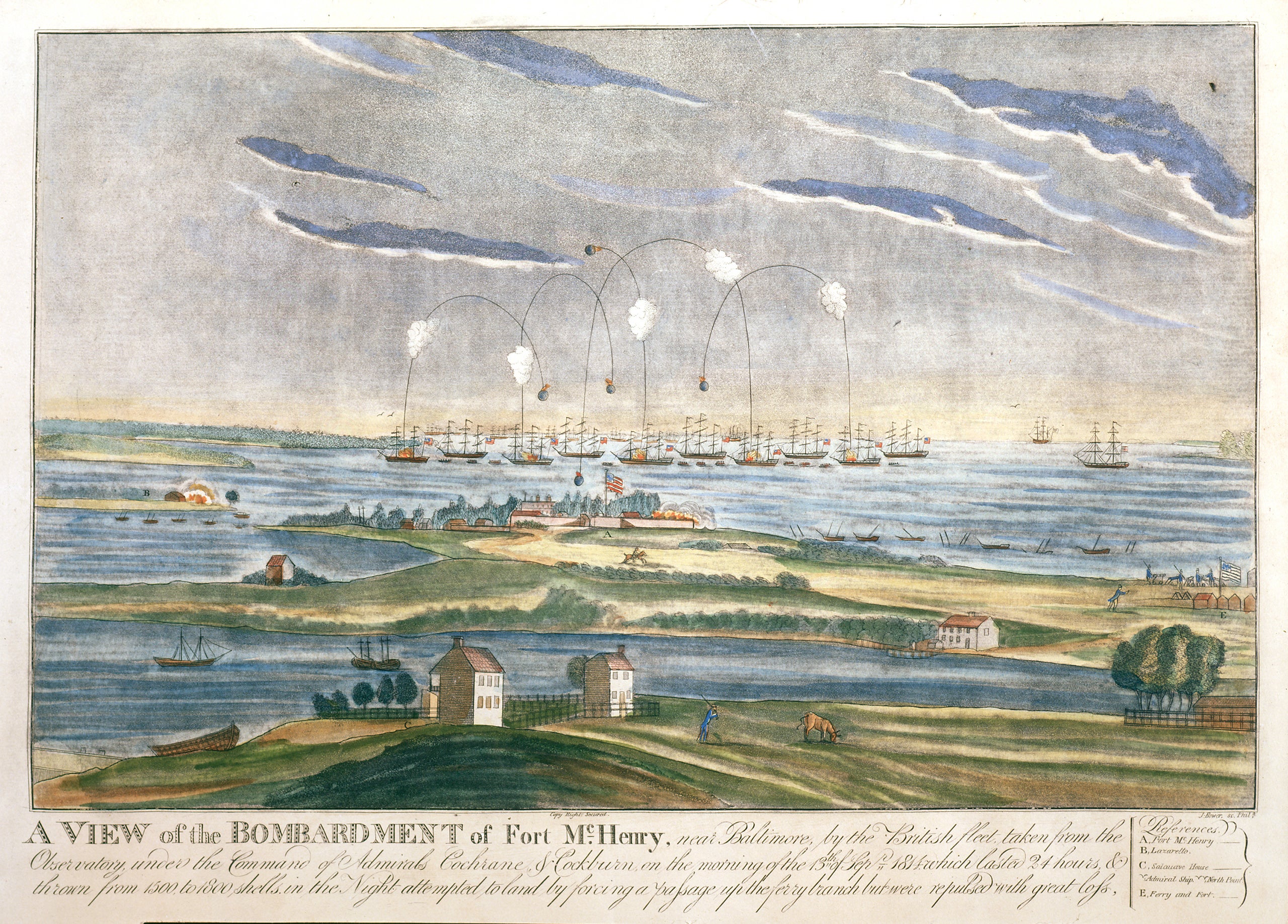                             John Bowers legend&#xE4;res Bild &#x201E;A View of the Bombardment of Fort McHenry&#x201C; wurde 1814 fertiggestellt und zeigt die Flagge, nach wie vor gehisst, w&#xE4;hrend der Schlacht zwischen den Vereinigten Staaten und dem Vereinigten K&#xF6;nigreich am 13. September desselben Jahres