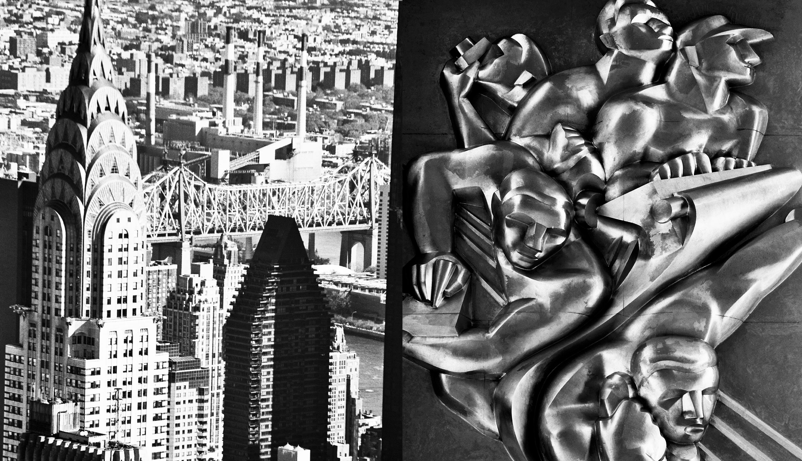 Left: The Chrysler Building. Right: Art Deco reliefs at Rockefeller Center