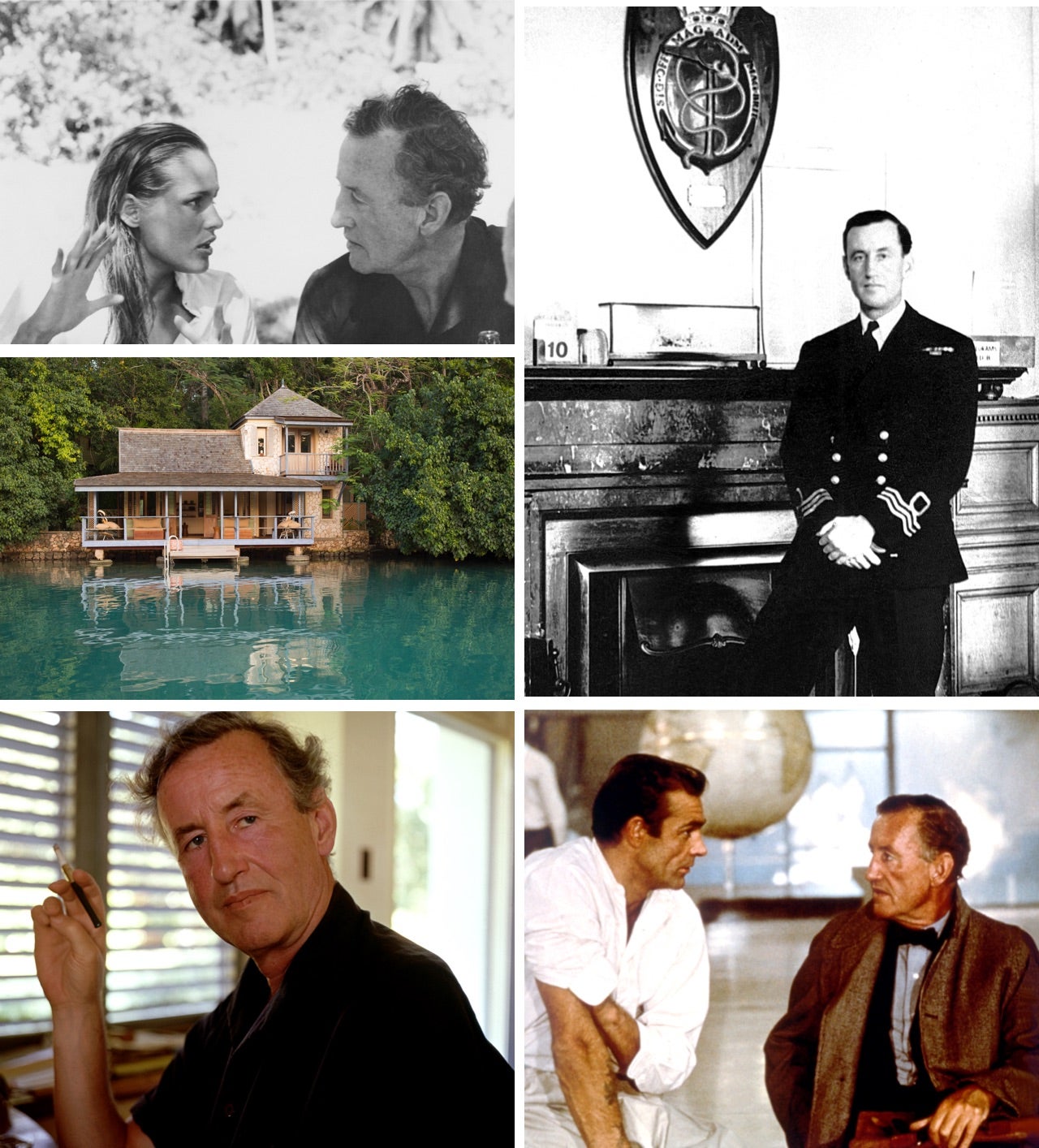 <strong>A SPY AMONG FRIENDS</strong><br/><span>Clockwise, from top: On the set of “Dr. No” with Ursula Andress; Fleming during the war when he ran 30AU, Number 30 Assault Unit; on the set with Sean Connery; at his writing desk at Goldeneye; and a view of the villa from the water</span>