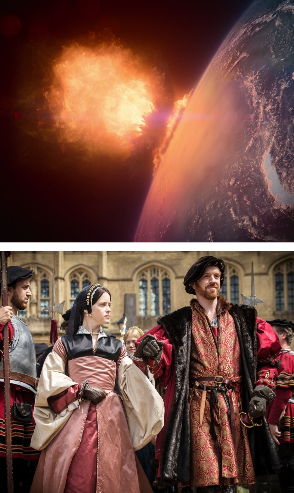 (From top) A simulation of the Big Bang in <em>Life on Our Planet</em>; a royal scene from <em>Wolf Hall</em><br/><span class="caption-sub">From top, photographs courtesy of Netflix and PBS</span>