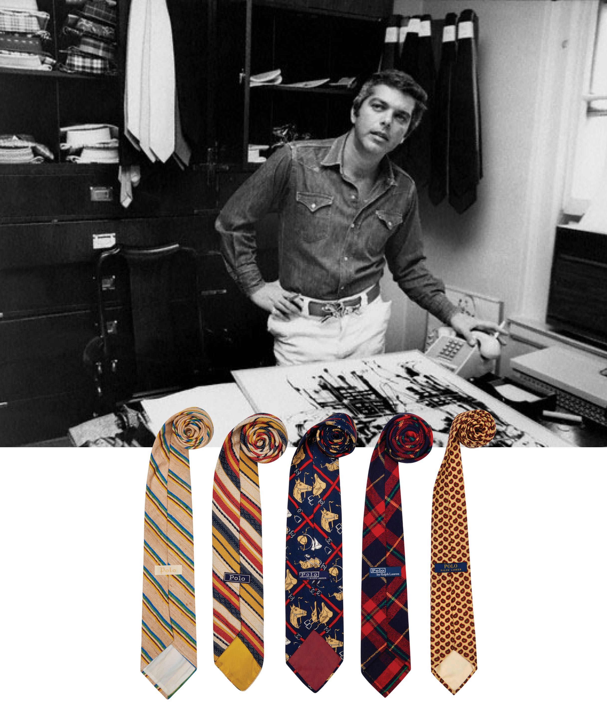       <div class="center-caption">        <div><strong>Kuriositätenkabinett</strong></div>        <div>          Von oben: Ralph Lauren in den frühen 1970er Jahren, als sein          Krawattengeschäft um Hemden erweitert wurde; einige Beispiele seiner          ersten Krawattenentwürfe, die, wie er schreibt, „Muster, klassische          Ripsstreifen und Drucke“ umfassten        </div>      </div>      <div class="vertical-right caption-sub">        Photography credit (from top): Louis Liotta/New York Post Archives;        Zachary Freyman      </div>    