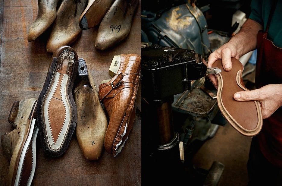 At left, shaped shoes. The two on the left have their welt attached and are ready to be stitched to the sole. At right, the Goodyear welting process at work. Peeling back a thin amount of the sole during this process ensures that the stitching is elegantly hidden&#x2014;and protected from wear and tear.