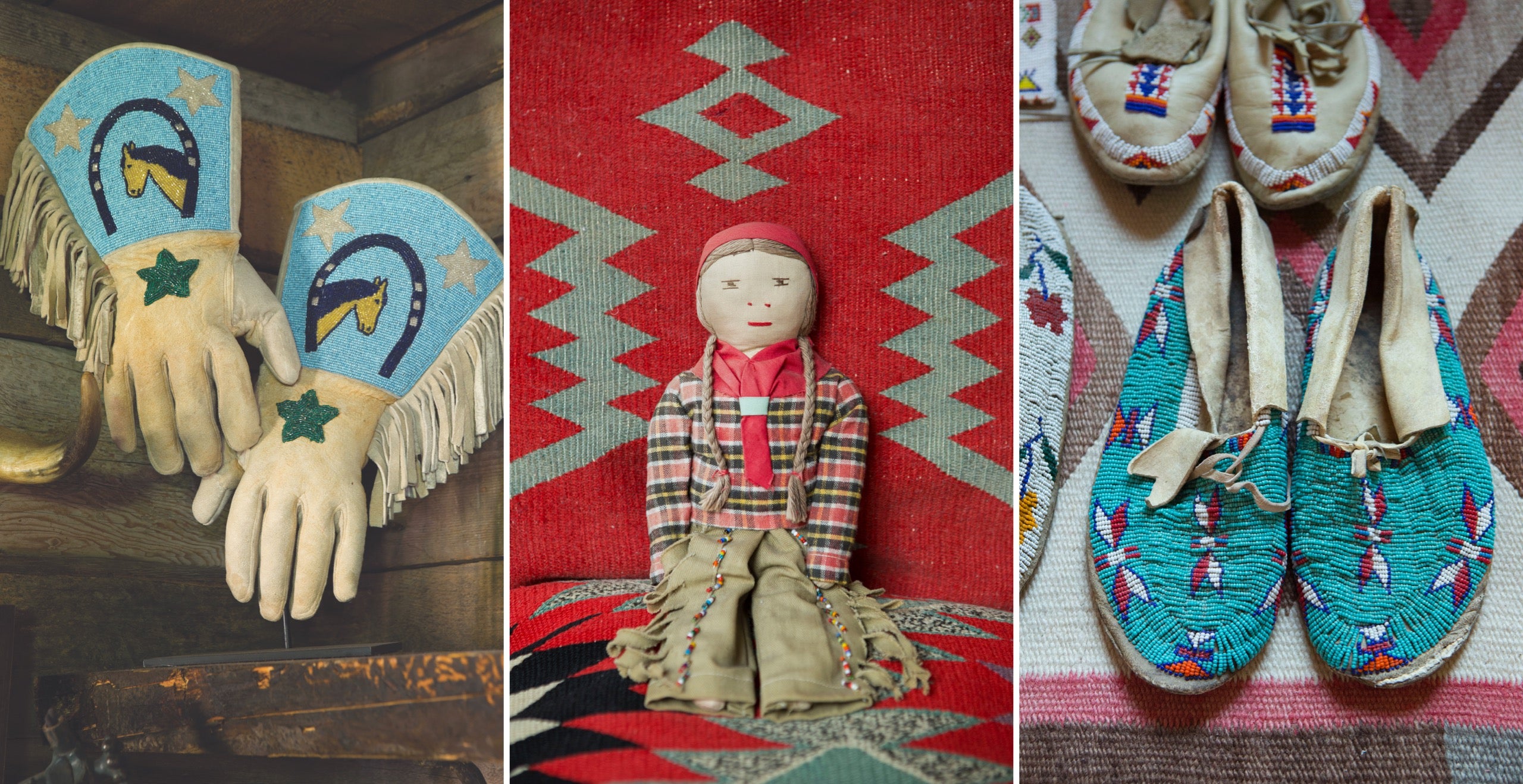 Left to right: Buffy lassoed this vintage pair of beaded cowgirl gloves, fit for a rodeo queen, at the Native American Market held each August in Santa Fe; A little rag doll dressed Buffy-style in a plaid shirt and fringed leather pants; A well-worn pair of Buffy’s beaded moccasins made after the originals by Native American tribes and found in a shop in Santa Fe 