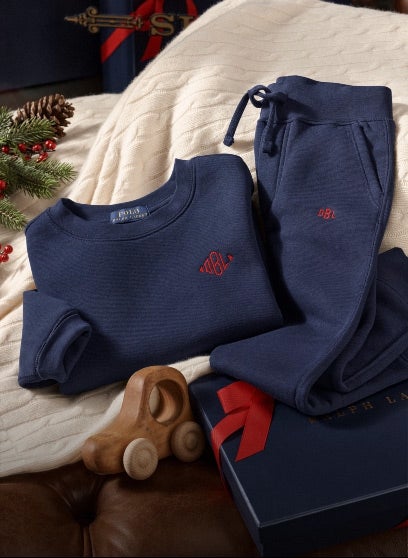 Customized navy sweatshirt and sweatpants.